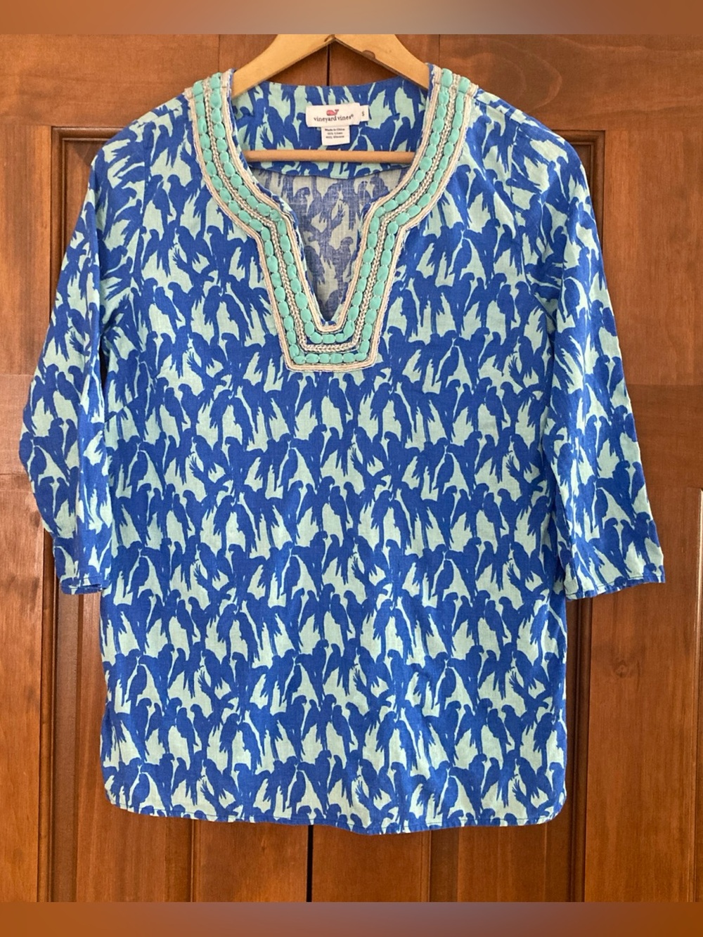 Vineyard Vines Blue parrot print linen blend Tunic top Women’s Small